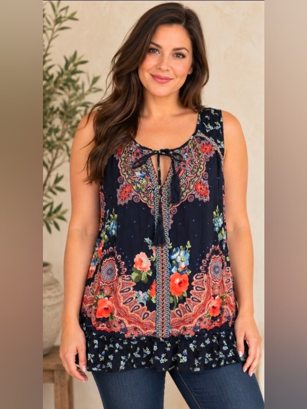BILA Navy Floral Paisley Flowy Tank Top – Large – 100% Rayon